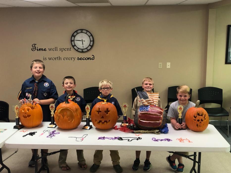 Pack 28 held their annual Carved Pumpkin Contest. Categories were Scariest, Funniest, Most Patriotic, Best Scout Theme and Scouts Own Choice.  Winners are from left, Hudson  and Decker Monk, Bretton Clark and Blake Winters. Submitted photo