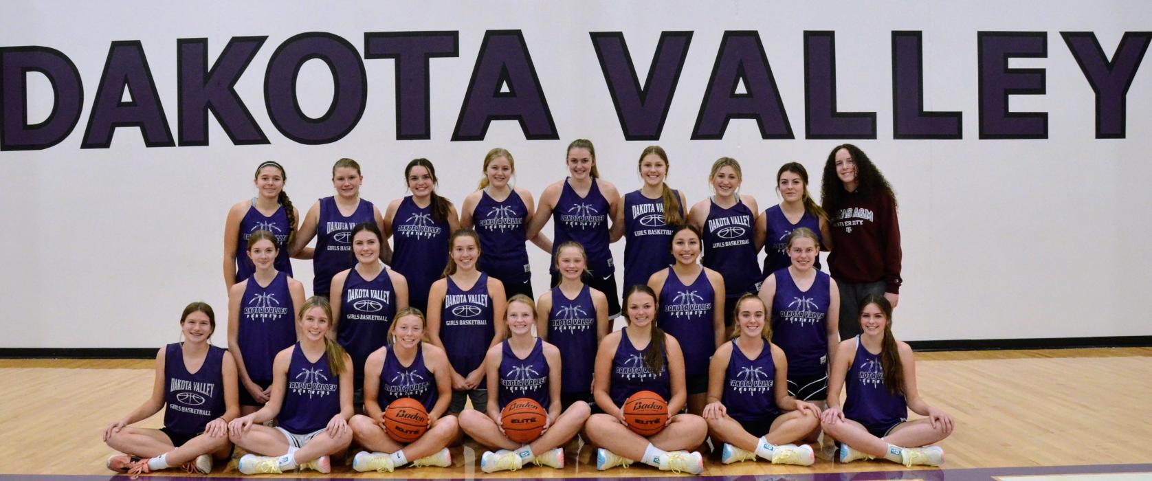 Members of the Dakota Valley Girls Basketball 2022-23 season are,front from left,Melina Snoozy,Addie Kleis,Emma Wiese,Jorja VanDenHul,Ella Reifenrath, Sophie Tuttle and Emersen Mead; middle, Lexi Vaske, Cameryn Sommervold, Kyli Vaske, Grace Meyer, Caden Smith and Stella Carlson; and back,Emma Deacon,Julia Orlando,Laila Sitting Crow,Jaidyn Jund,Jamisyn Jund,Sianna Keller,Reagan Granstrom,MMaggie Collins and Rylee Jensen. Photo Kelly Riibe • times2reporter@gmail.com