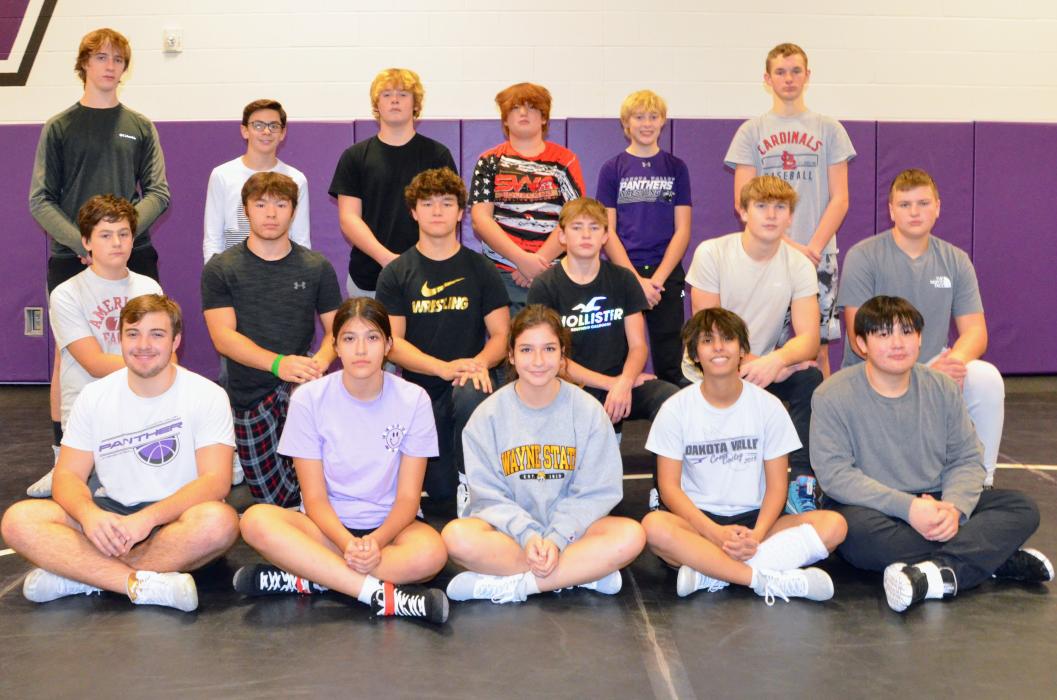 Members of the Dakota Valley Wrestling 2022-23 season are, front from left, Noah Hede, Graciela Delgado, Mia Gonzalez, Ariyana Bhakta and Samson Do; Noah Verdoorn, Cameron Black, Jackson Boonstra, Braedy Sievers, Bennett Lukken and Cooper Bernard; and back, Isaiah Dunbar-Hoffman, Cameron Curry, Bryce Perryman, Jaxon Dice, Eli Orris and Eston Monical. Not pictured are Lake Kistner and Kenzie Scott. Photo Kelly Riibe • times2reporter@gmail.com