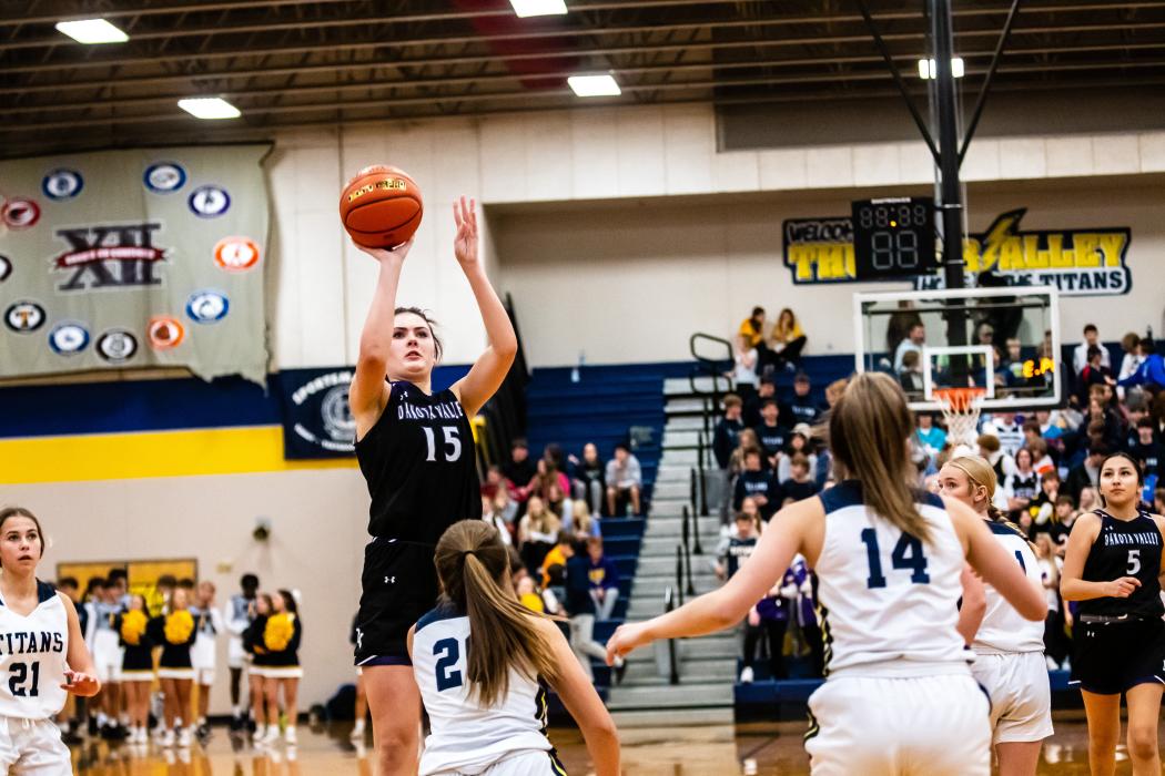 Cameryn Sommervold pulls up for a jump shot against Tea Area Dec. 9.  Photo by Peterman Sports Photography stevepeterman5@gmail.com
