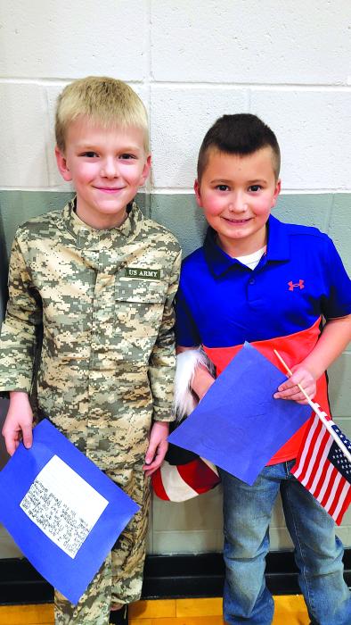These two 3rd graders, Jordy Mousel and Gabe Bourne both from Dakota Dunes, gave reports and dressed as “Independence Day” for DVES’s Living Timeline Nov. 22. Photo by Kelly Riibe • times 2reporter@gmail.com
