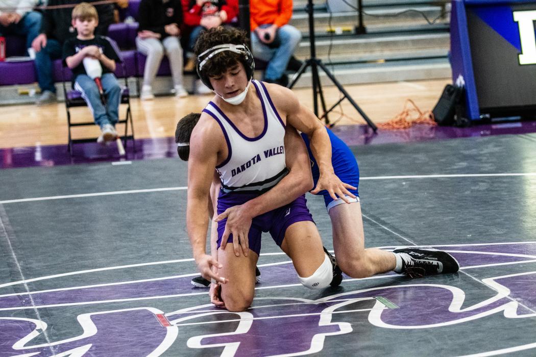 Jackson Boonstra took 3rd place in his bracket at the DAK-12 Conference meet. He’s pictured wrestling against Rayce Whiting of West Central. Photo by Peterman Sports Photography stevepeterman5@gmail.com