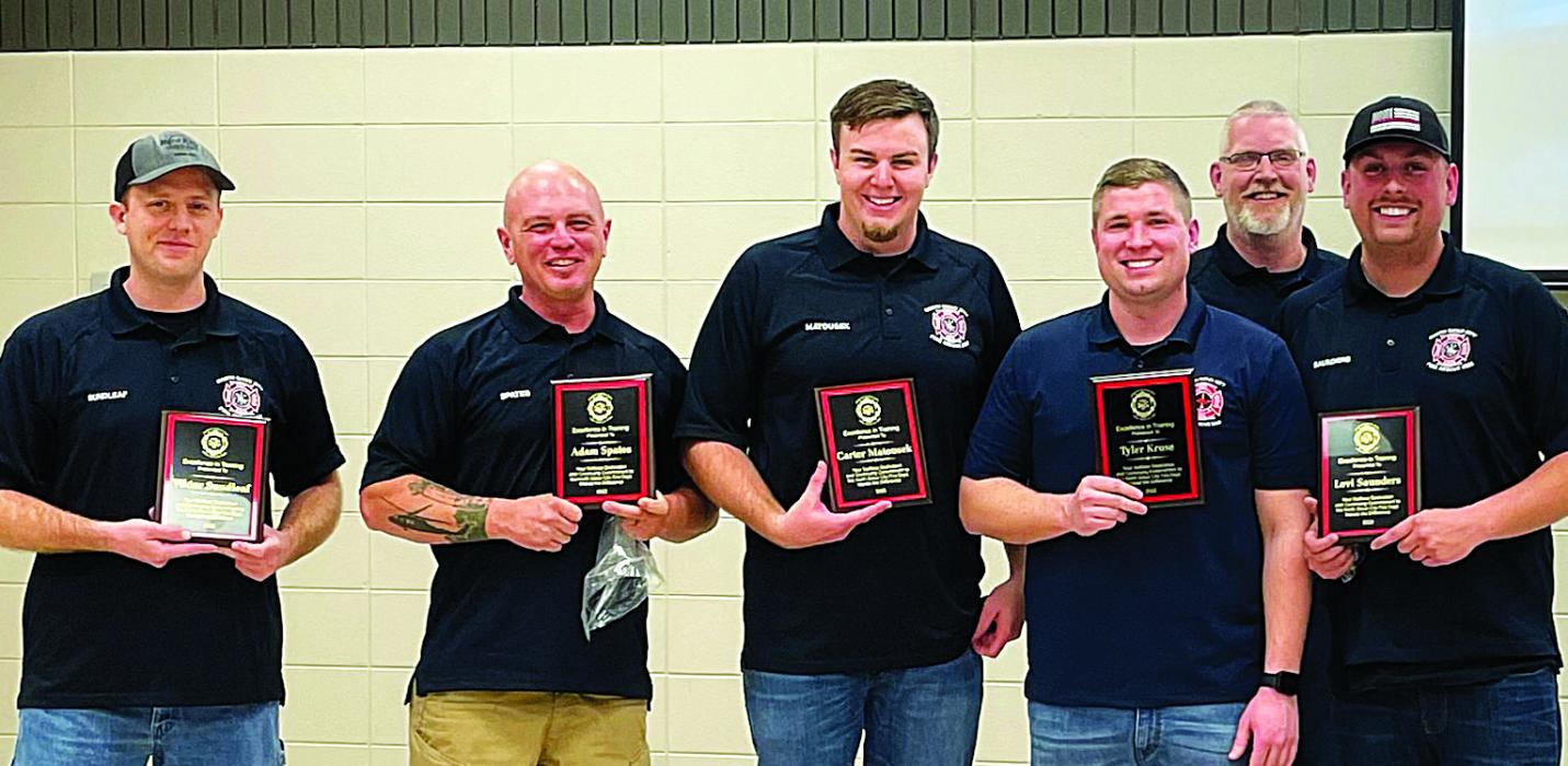 Six members of the North Sioux City Fire Department were awarded for Excellence in Training. Viktor Sundleaf, Adam Spates, Carter Matousek, Captain Tyler Kruse, Tim Bell and Captain Levi Saunders attended 100 percent of all trainings provided during 2022. 