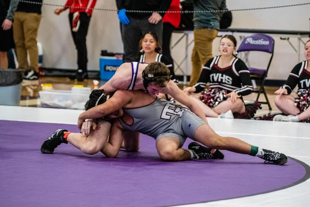 Lake Kistner lost his second match to Mason Hendrickson of Tri-Valley by fall in 3:15.  Photo by Peterman Sports Photography • stevepeterman5@gmail.com