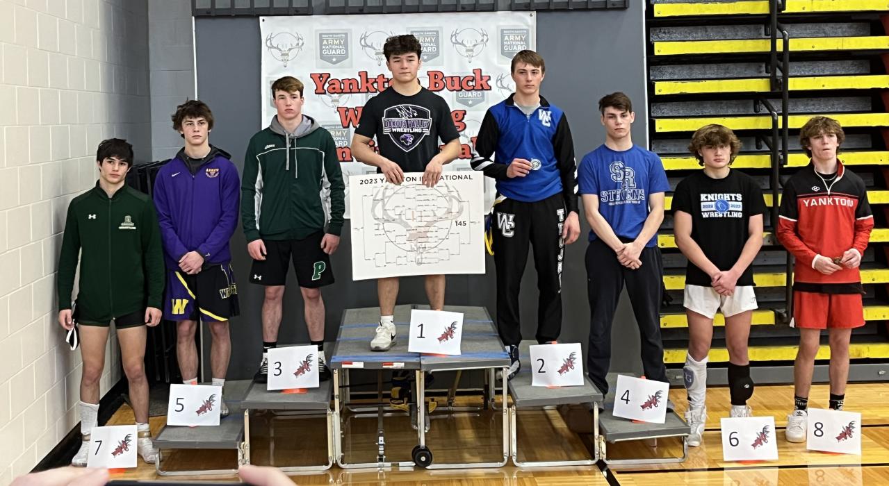 Jackson Boonstra, fourth from the left, took 1st place in his weight class at the Yankotn Wrestling Invitational Feb. 4. Submitted photo