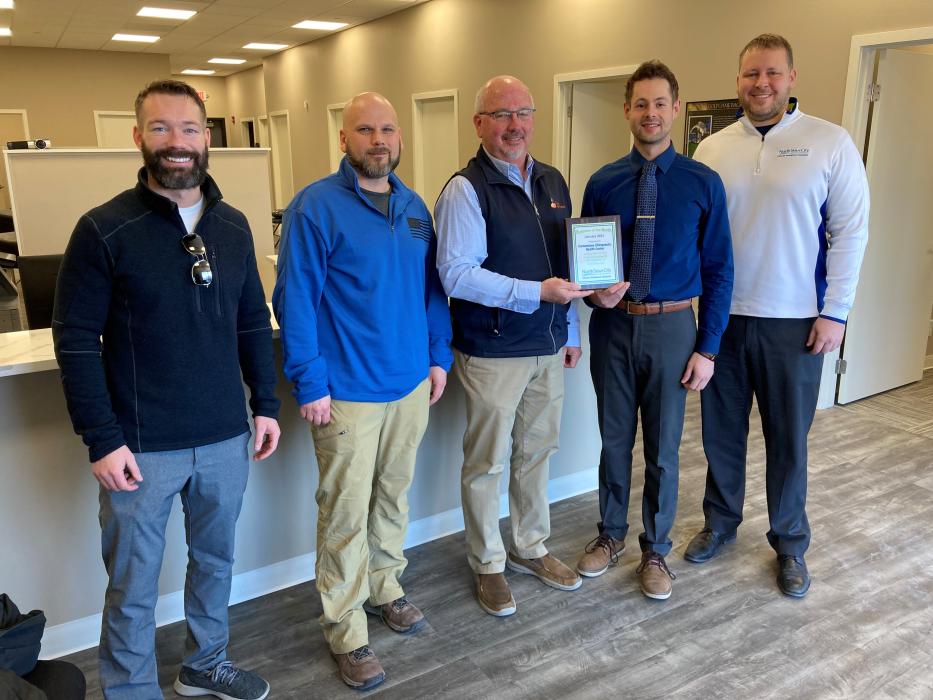 The North Sioux City Economic Development Corporation’s (NSCEDC) January Business of the Month was awarded to Cornerstone Chiropractic Health Center. Pictured are, from left, NSCEDC Directors Dustin Pratt and John Stevens, NSCEDC Board President Mike Huber, Owner Dr. Michael Kronaizl and NSCEDC Executive Director Andrew Nilges. Submitted photo