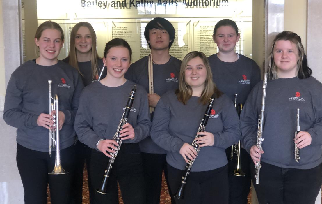DV High School band members that participated in the 24th Annual Quad States Honor Band Festival at the University of South Dakota were, front from left, Stella Carlson, Mia Riibe, Lexi Squier and Jordyn Newman; and back, Logan Miller, Pat Phisitkul and Jaelyn Bacan. Photo courtesy of Daryl Jessen