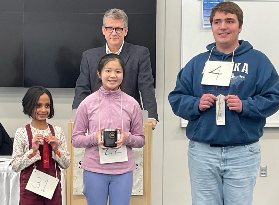 Pictured, from left, Nina Purusho (from Rapid City – 2nd place), Iris Liao (Dakota Valley – 1st place) and Elijah Radtke (from Watertown – 3rd place) with their awards from the Regional Spelling Bee at the Dakota Wesleyan School of Business in Mitchell, SD. Submitted photo