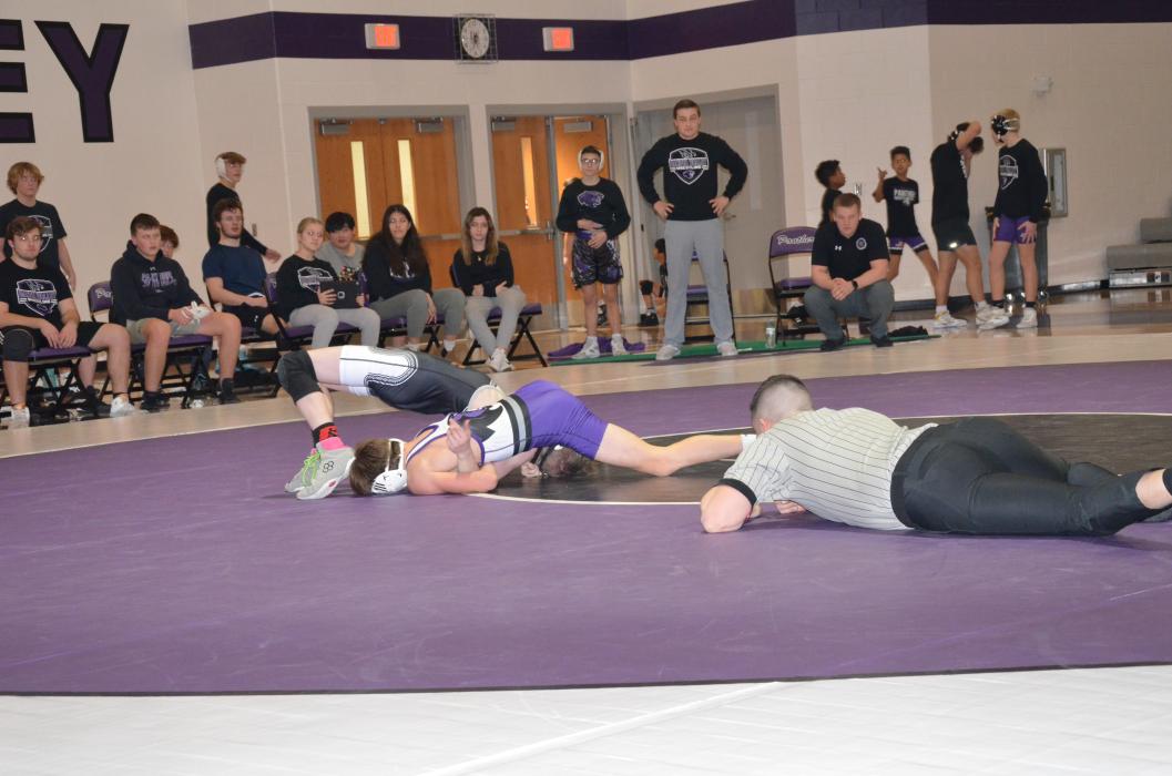 Braedy Sievers works his opponent to get the pin Feb. 2 at Dakota Valley. Photo by Kelly Riibe • times2reporter@gmail.com