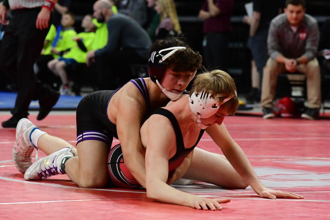 Jackson Boonstra had six matches at the state wrestling tournament in Rapid City Feb. 23-25 and garnered a 6th place finish. Photo courtesy of South Dakota Public Broadcasting