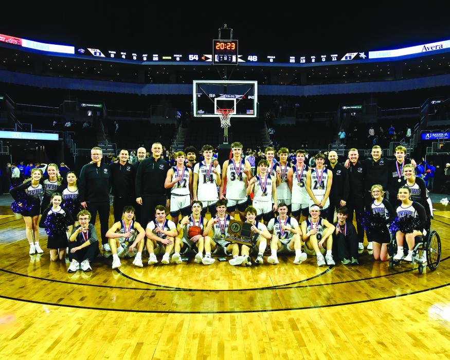 The Dakota Valley Panthers won their second consecutive Class A State Boys Basketball Championship March 18 at the Denny Sanford PREMIER Center March 18. Pictured are, from front left, Bailey Link, Cody Morse, Luke Bruns, Ethan Anema, Randy Rosenquist, Isaac Bruns, Jaxon Hennies, Preston Carlson, Sam Kleis, Austin Weber, Madison Bell and Karlee Hughes; and back, Abby Wagner, Rachel Bryan, Ashlyn Castro, Coach Brian Uhl, Coach Nathan Connelly, Coach Ryan Ferrar, Head Coach Jason Kleis, Dylan Lukken, Andre Ha