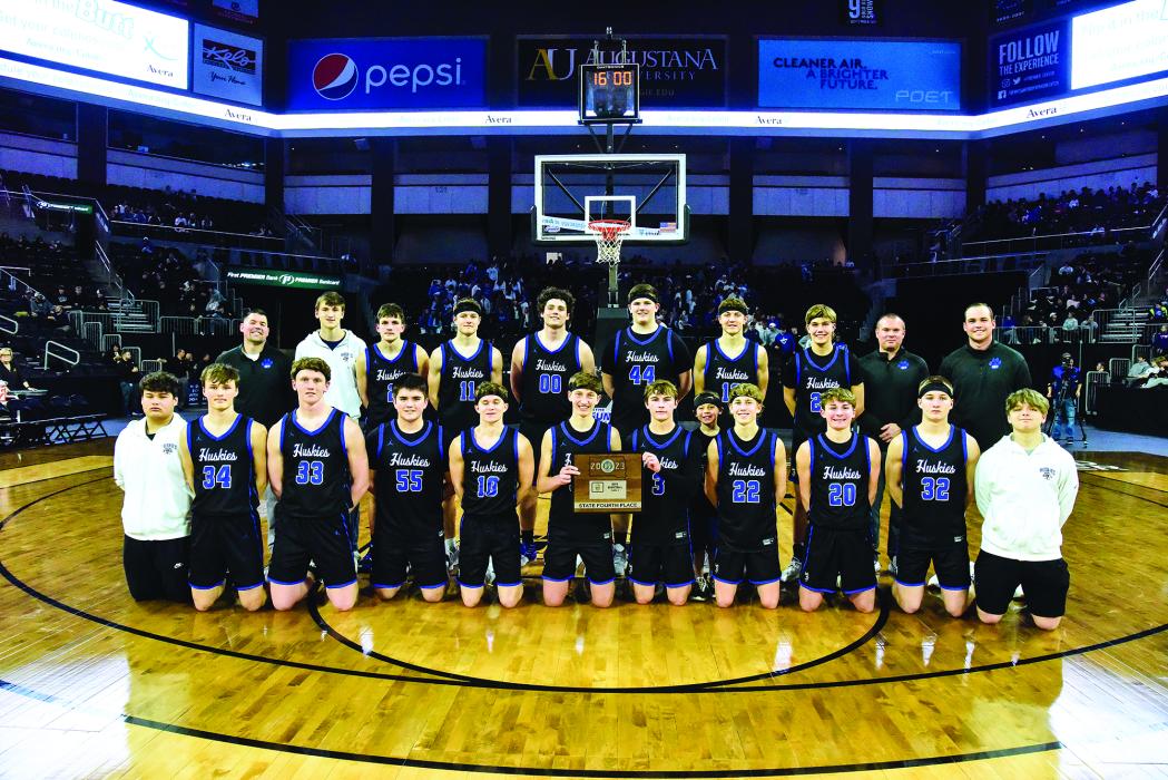 The 2023 Fourth Place State Champions are the Elk Point-Jefferson Huskies. Pictured are, Dreyden Wagner, Landon Johnsen, Evan Fornia, Hudson Kempf, Carson Timmins, Reed Sayler, Garrett Merkley, Dempsey Otkin,  Kayden Moore, Grayson Girard, Ashton Fairbanks and Wyatt Herrity; and back, Head Coach Jake Otkin, Nick Schmitz, Devon Schmitz, Jakob Scarmon, Chace Fornia, Easton Kempf, Alex Scarmon, Levi Miller, Coach Adam Timmins and Coach Zach Ronning. Photo by Peterman Sports Photography • stevepete