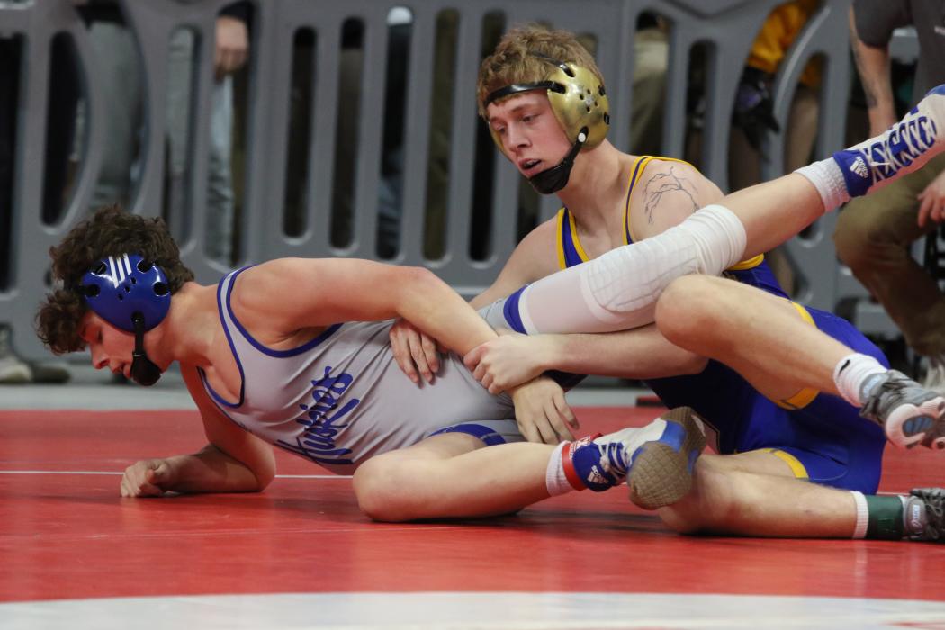 Gunner Ewing wrestled in the 145 weight bracket at the State B Wrestling Tournament in Rapid City Feb. 23-25. Photo courtesy of South Dakota Public Broadcasting