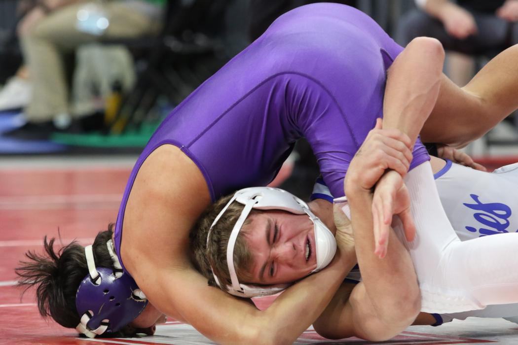 Lucas Hueser wrestled in the 152 weight bracket at the State B Wrestling Tournament in Rapid City Feb. 23-25. Photo courtesy of South Dakota Public Broadcasting