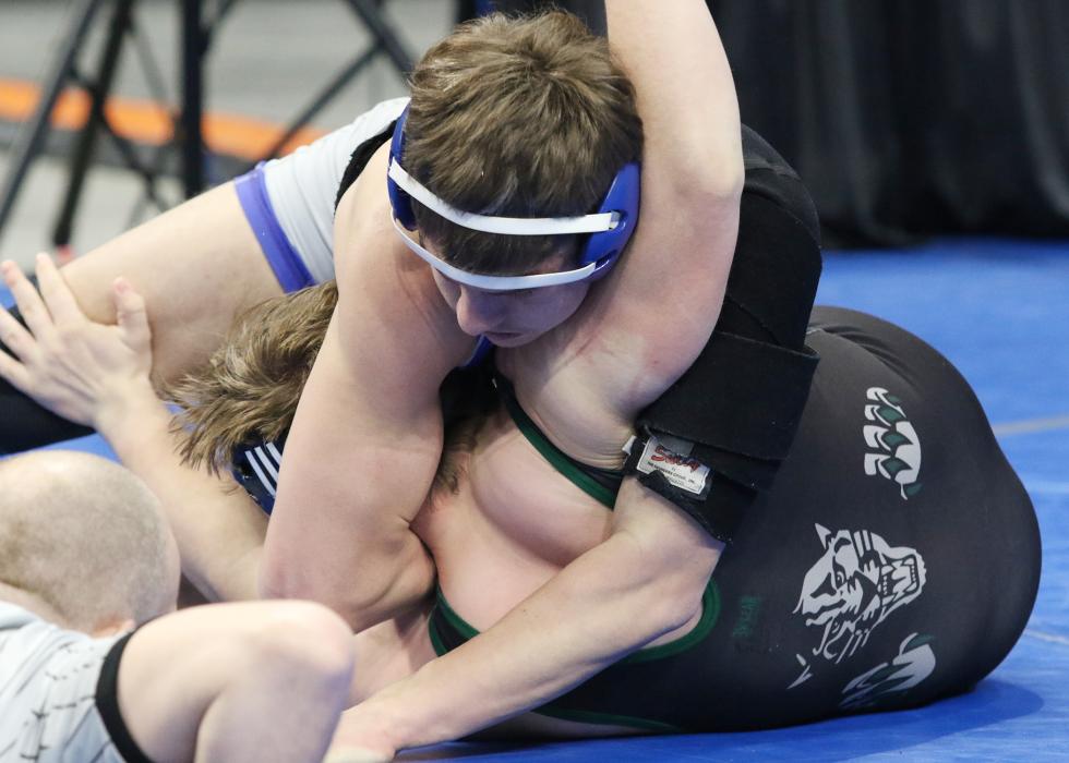 Grayson Jacobs wrestled in the 195 weight bracket at the State B Wrestling Tournament in Rapid City Feb. 23-25. Photo courtesy of South Dakota Public Broadcasting