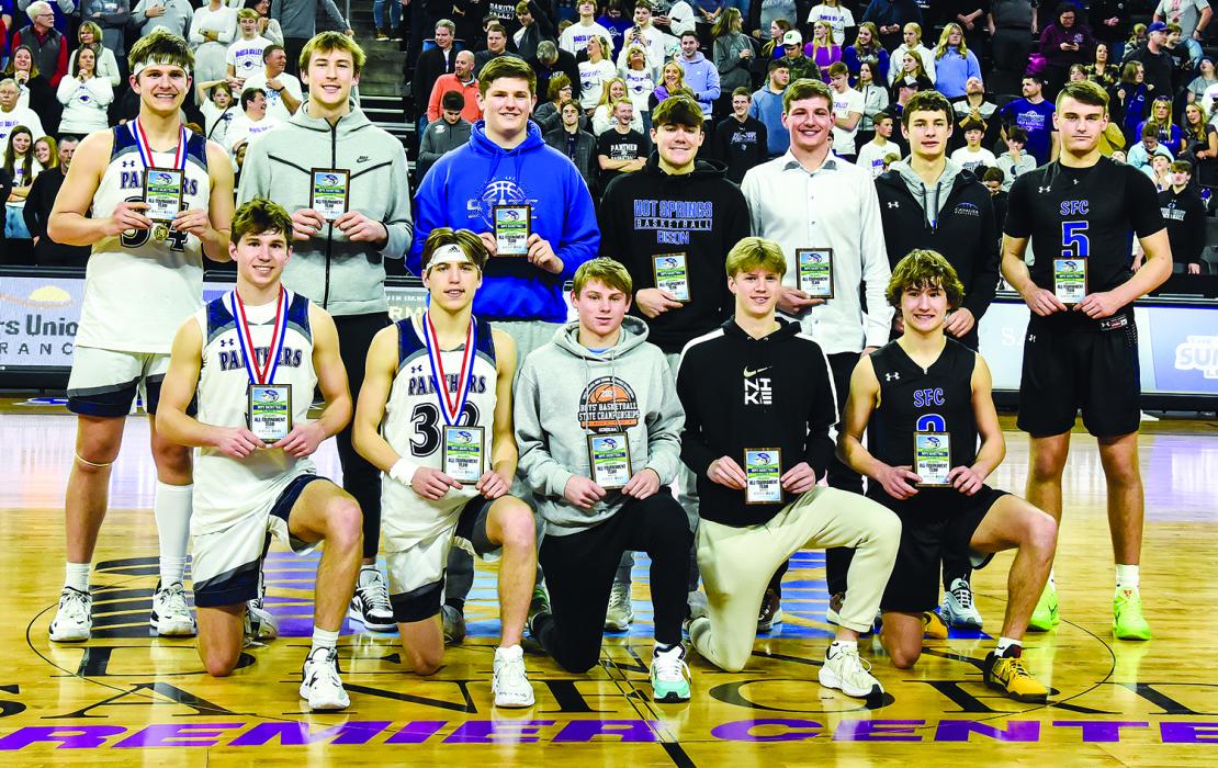 Three Dakota Valley Panthers were named to the Class A All-Tournament Team. Front from left, Isaac Bruns and Randy Rosenquist; and back left, Jaxson Wingert. Photo by Peterman Sports Photography • stevepeterman5@gmail.com