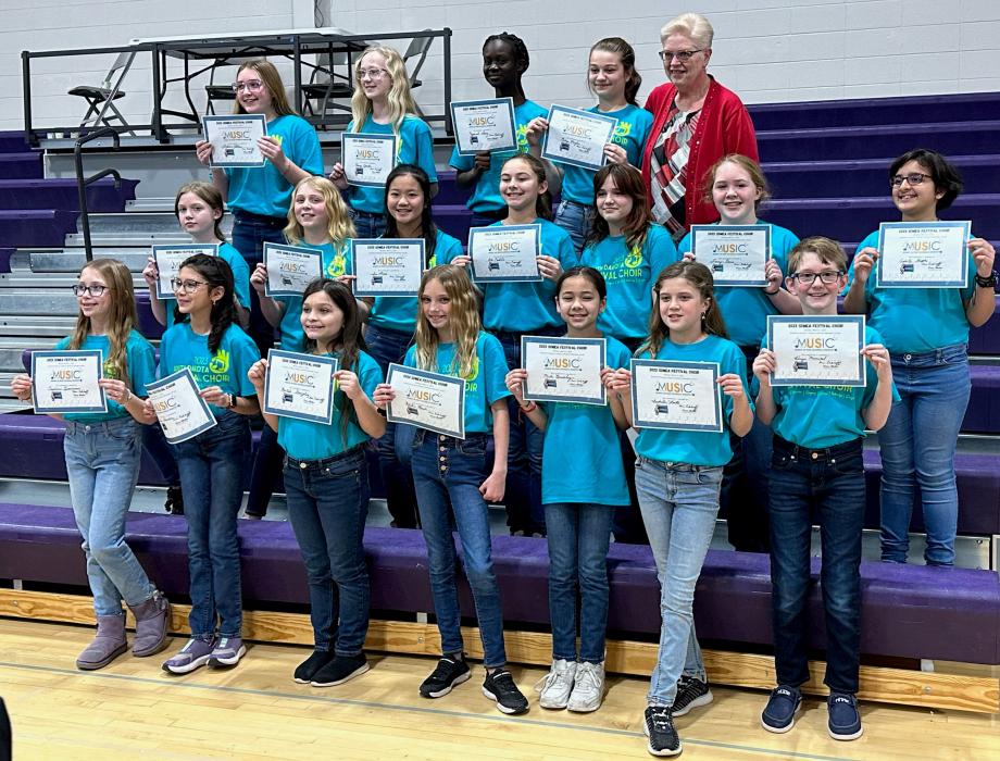 Dakota Valley students who participated in the Regional Festival Choir were, front from left, Caroline Goosmann, Alexis Harlan, Anikah Gonzalez, Alika Rush, Mali Buckley, Isabella Smith and Hayes Monical; middle, Lydia Taylor, Brynn Ramos, Iris Liao, Ava Castillo, Mia Mollet, Lucy Orris and Ashika Gupta; and back, Lillian Peters, Kenzi Jenks, Nyemal Deng, Riley Hughes adn Sara Eckhoff (Director). Submitted photo