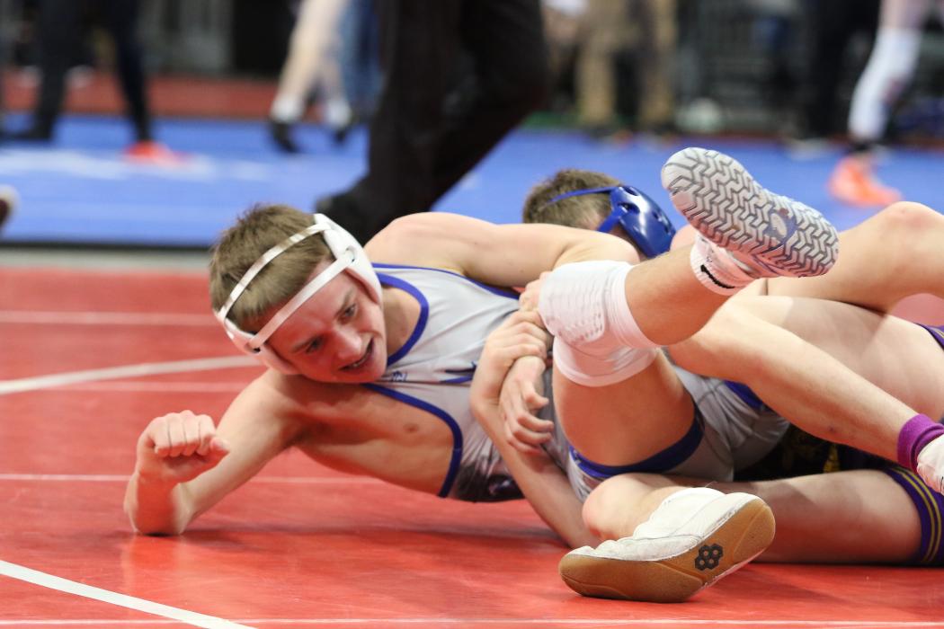 Brody VanRoekel wrestled in the 106 weight bracket at the State B Wrestling Tournament in Rapid City Feb. 23-25. Photo courtesy of South Dakota Public Broadcasting