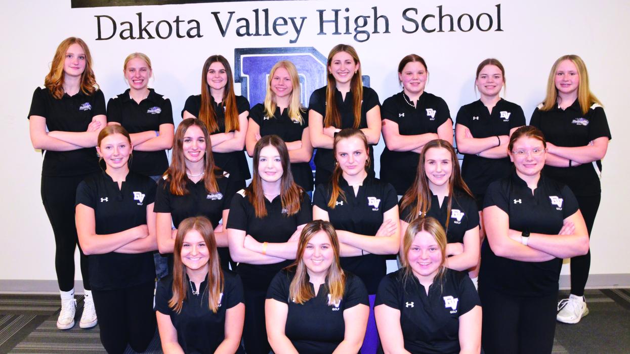 The 2023 Dakota Valley Girls Golf team consists of, front from left, Peyton Carlson, Lexi Squier and Eliana Vondracek; middle, Addison Orlando, Raygan Van Der Maaten, Leah Crombie, Autumn Wickey, Addicyn Sailer and Julia Orlando; and back,Teagan Meyer, Katie Betsworth, Jacee Squier, Carsyn Hoekstra, Reagan Granstrom, Quinnlyn Bonstead, Claire Wiebelhaus and Briley Schroeder. Photo by Kelly Riibe • times2reporter@gmail.com