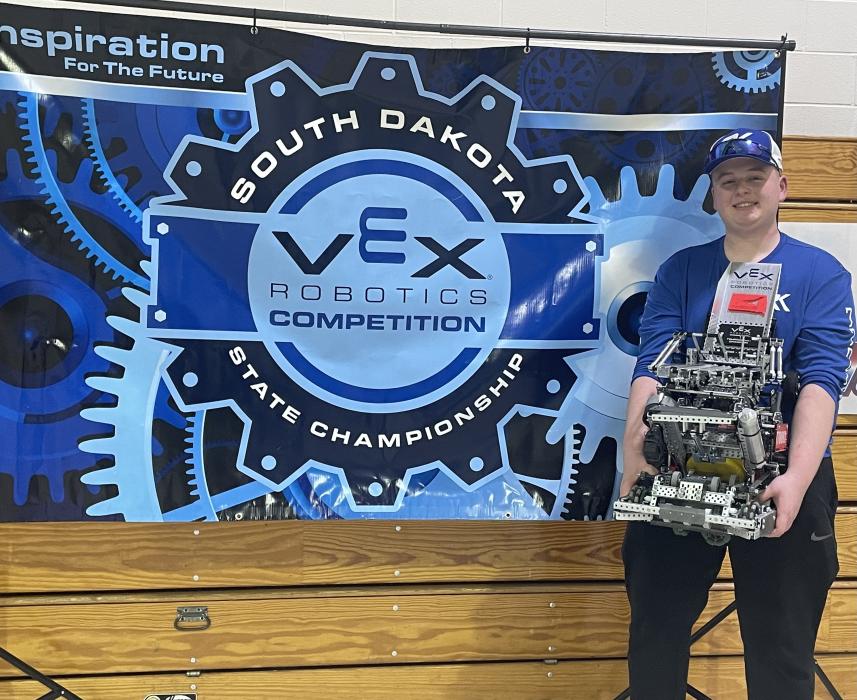 Caden Dial competed Feb. 4 at the South Dakota Vex Robotics State Championship in Box Elder, SD. Dial’s RoboKodas 77000X went undefeated, later aligning with Harrisburg’s Capten to capture the SD State VEX Robotics title. Dial ends his high school robotics career holding nine state titles.The RoboKodas will be travelling to Dallas,TX in April to compete at the VEX Worlds Competition. Dial is a senior at Dakota Valley and member of the North Sioux City RoboKodas Robotics Club. Submitted photo