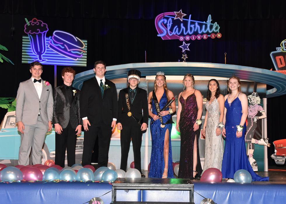The Elk Point-Jefferson 2023 Prom Royalty consisted of, from left, Caleb Niles, Noah McDermott, Easton Kempf, King Hayden Smith, Queen Grace Griffin, Aubrey Bousquet, Alexis Ludwigs and Grace Schuh. Photo by Peterman Sports Photography • stevepeterman5@gmail.com