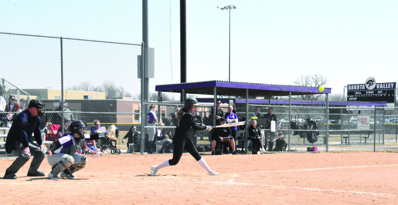 Brennan Trotter connects with the ball for a hit against the Beresford Watchdogs April 7. Photo by Randy Uhl