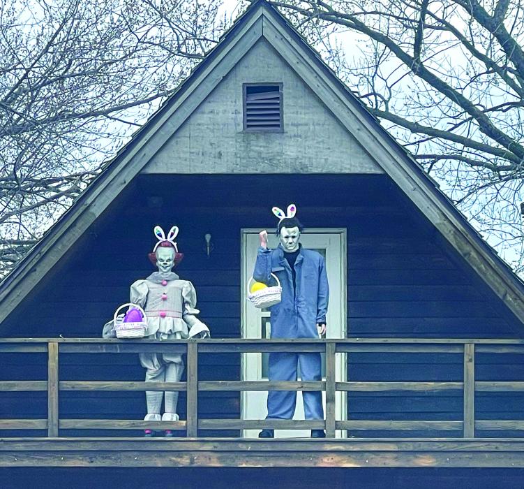 The Spooky House along Northshore Drive in North Sioux City brought out their Halloween decorations to help celebrate Easter. Pennywise and Michael Myers greeted travellers with bunny ears and a basket containing Easter eggs. Submitted photo