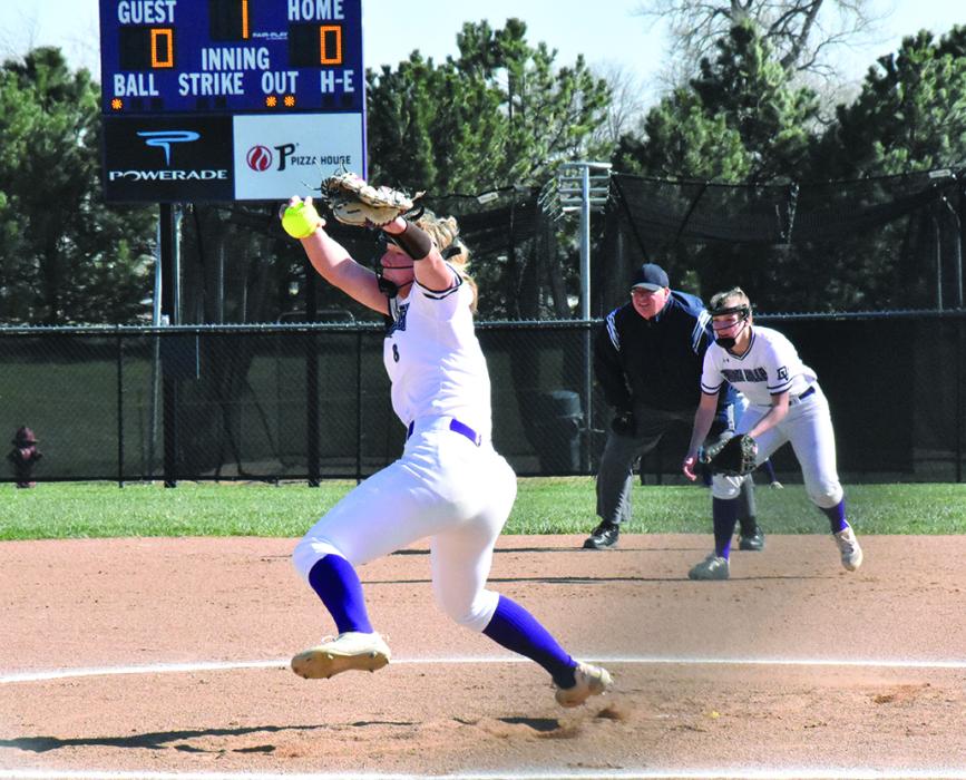 Emma Wiese was on the pitchers mound with Logan Miller playing short stop in a prior game. Photo by Randy Uhl