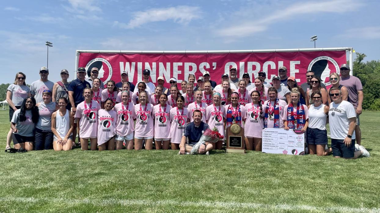 The Bishop Heelan Crusaders girls soccer team completed the state tournament run with a 2-0 win over Gilbert to clinch the Iowa Class 1A championship on Saturday,June 3. Submitted photo