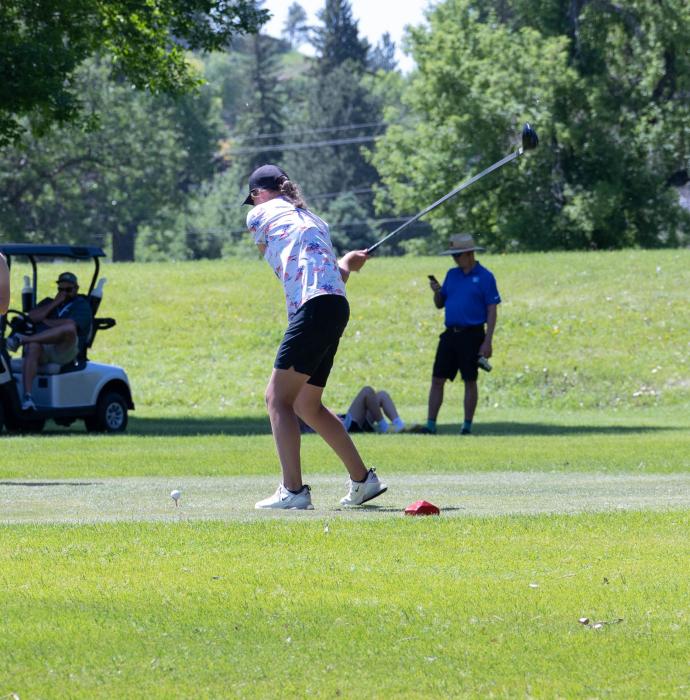 Madison Buenger tees off during the Class A State Girls Golf tournament June 6. Photo courtesy of South Dakota Public Broadcasting