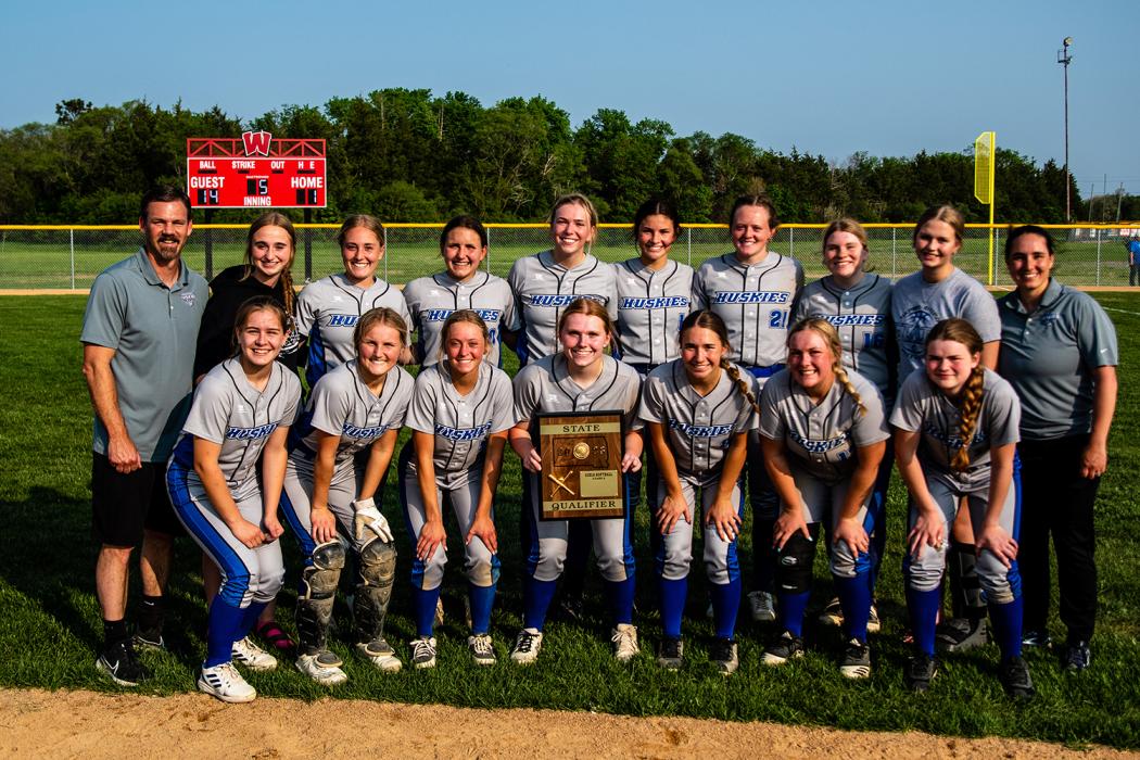 The 2023 Elk Point-Jefferson Husky Softball team consists of, from front left, Regan Rasmussen, Hannah Nearman, Alyssa Chytka, Grace Schuh, Sophia Giorgio, Jezmarie Stultz Praster and Samantha Marx; and back, assistant coach Josh Nearman, Kylee Pierce, Molly Geary, Cera Schmitz, Grace Griffin, Danica Torrez, Josie Curry, Nicole Wells, Aynslee Goetzinger and head coach Jessie Stouffer. Photos by Peterman Sports Photography • stevepeterman5@gmail.com.