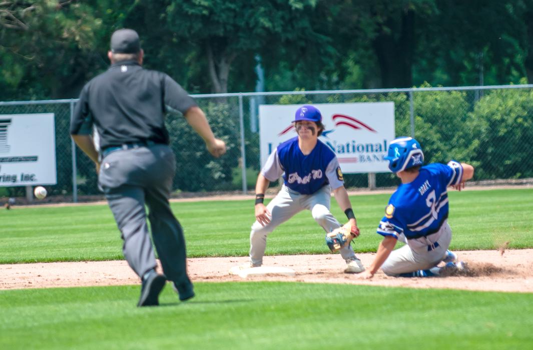 Hunter Geary safely steals second base against Flandreau. Photo by Peterman Sports Photography • stevepeterman5@gmail.com