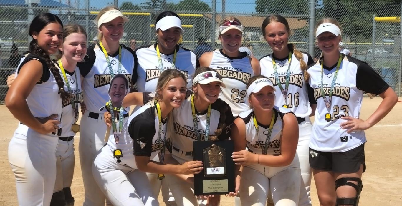 The Renegades 16U Thompson, a Sioux Falls club team, participated in the South Dakota State Fast Pitch Softball tournament in Sioux Falls July 8-9. Silja Gunderson, a student at Dakota Valley, plays on the team. She is pictured first in the front row from left holding the state trophy. Submitted photo
