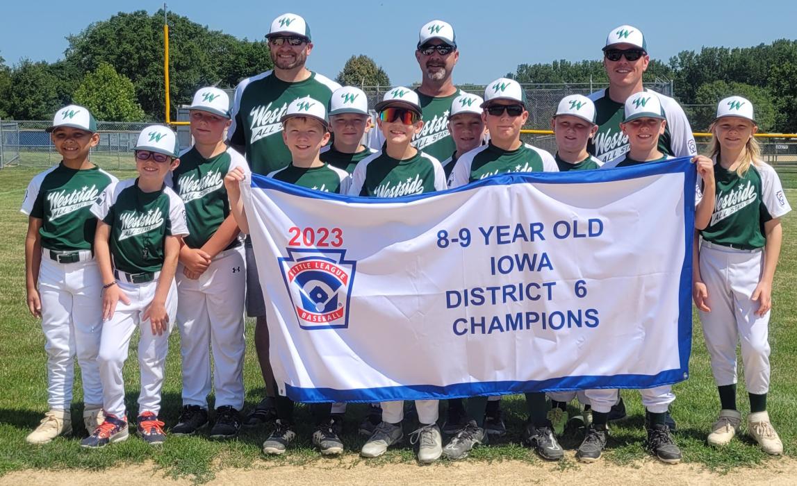 The 9uWestside Little League All Stars took 3rd place at the Iowa Little League StateTournament. Pictured are, from front left, Myles Burnside, William Lohr, Parker Jennett, Graham Riibe, Jordy Mousel,Jack Galles,Logan Frazee,Alex Althaus,Ty Janssen,Jacob Bird and Miles Carter;and back, Head Coach Mike Galles, Assistant Coach Scott Frazee and Assistant Coach Gary Riibe Jr. Ollie Knoepfler is not pictured. Photo by Kelly Riibe • times2reporter@gmail.com