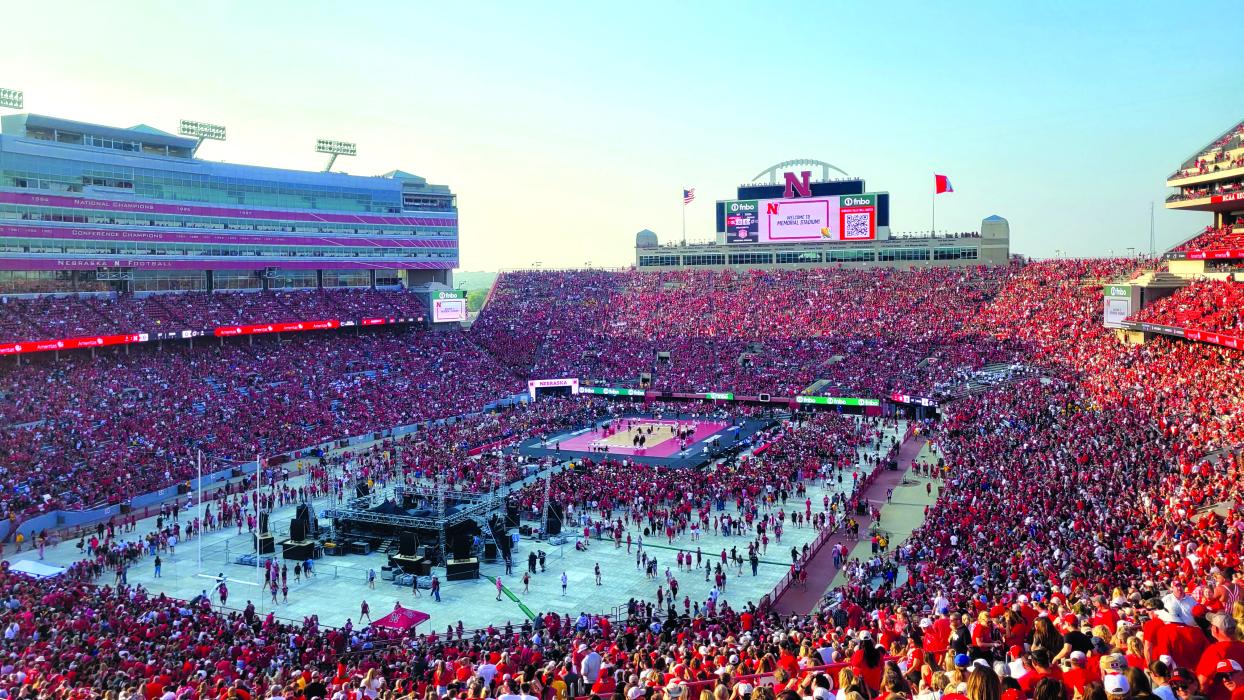 Memorial Stadium in Lincoln, NE was full to the brim, setting a world record attendance for a women’s sporting event. A Drone Show for the World Record Event was held after the games concluded. Photo by Kelly Riibe • times2reporter@gmail.com 