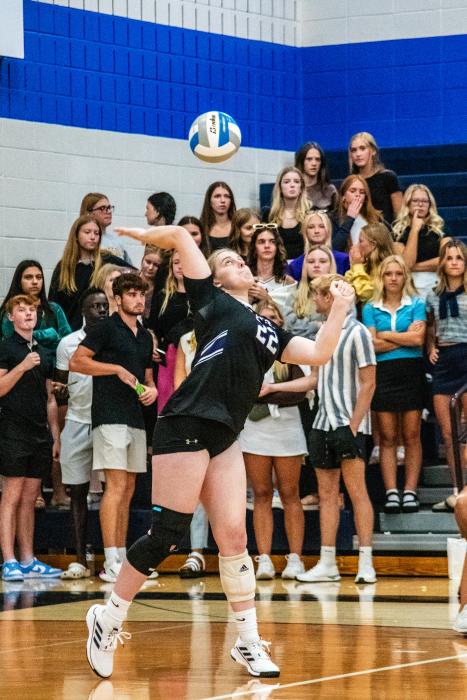 Stella Carlson serves the ball against the Elk Point-Jefferson Huskies Aug. 31. Photo by Peterman Sports Photography stevepeterman5@gmail.com