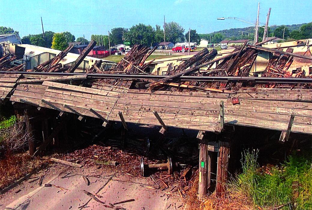 A D&I Railroad train derailed in North Sioux City Wednesday, Aug. 30. While 16 cars derailed, the only damage was made to the railroad bridge. An inspection will be done to the bridge to determine whether the entire bridge needs to be replaced or just the deck. Submitted photo