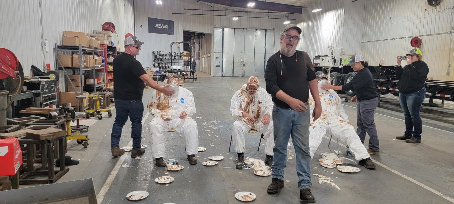 On Sept. 11 Load King held their pie in the face fundraiser. Three members of their management team volunteered to get pied for a good cause. John Maxwell (general manager) Dan Herrity (service and quality manager) and Shannon Keller (Human Resources). They charged $5 per pie, and raised $290. The proceeds were split and $145 was donated to the Elk Point Food Pantry and the other half to the Soup Kitchen in Sioux City, IA on behalf of Load King. Submitted photo