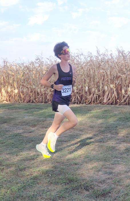 Cole Brown crossed the finish line in 1st place in the Boys JV race at the Alcester-Hudson Invite. Photo by Kelly Riiibe • times2reporter@gmail.com