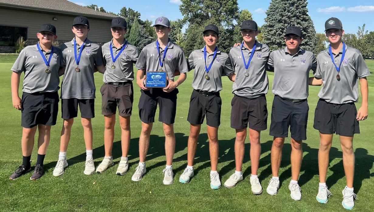 The Dakota Valley boys golf team played in Elk Point on Sept.14.The team won the day with many members of the team winning their brackets. Pictured from left are, Logan Brandon, Cash Slater, Matt DeBeer, Chance Johnston,Tate Cornelsen, Dylan Lukken, Logan Collette and Tyler Cornelsen. Submitted photo