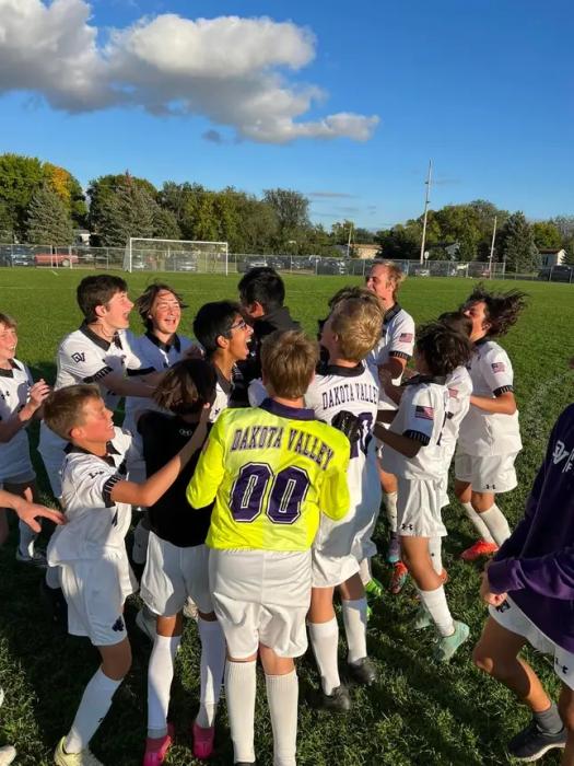 The Panthers celebrate the team’s first ever victory for the DV boys soccer program after taking down Groton 3-1 on Monday, Sept. 25. Submitted photo
