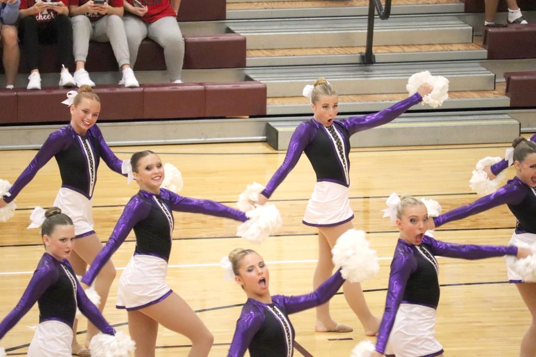 The DakotaValley Competition Dance team performs their Pom routine.Pictured are,in back:Sammie Pollema;Middle (diagonally from left) Lizzy Avery,Ashley Jelkin and Alex Nelson; and Front (diagonally from left) Megan Poulson,Josie Hall and Gracie Hamilton (partial). Submitted photo