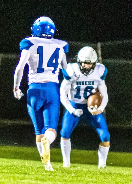 Garrett Merkley flexes after getting a touchdown against Tri-Valley Oct. 6. Photo by Peterman Sports Photography • stevepeterman5@gmail.com