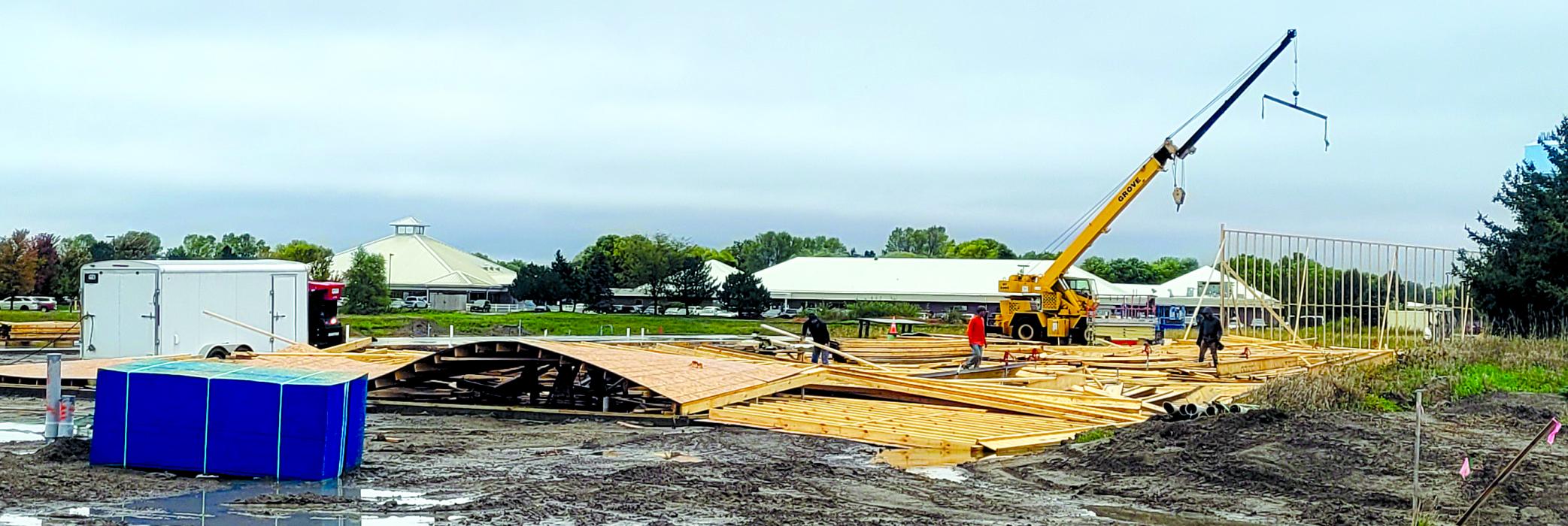 Before the rain storm and strong winds passed through the area Thursday, Oct. 12, the framework for this structure was in place. The strong winds blew the framework down during the night. Photo by Kelly Riibe • times2reporter@gmail.com