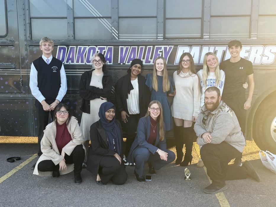 The Dakota Valley debate team participated in two competitions on Nov. 17 and 18. Pictured are, from front left, Allee Murray, Aneesa Yusuf, Rowen Higman and Coach Andrew Stewart; and back, Bennet Jensen, Olivia Irlbank, Aisha Abdurahman, Ashley Phillips, Moon Jorgensen,Rachel Bryan and Brayden Karkalik. Submitted photo