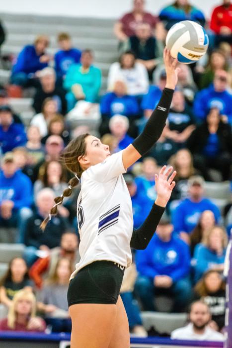 Jacee Squier uses a soft touch to push the ball over the net against the Elk Point-Jefferson Huskies on Nov. 2. Photo by Peterman Sports Photography • stevepeterman5@gmail.com