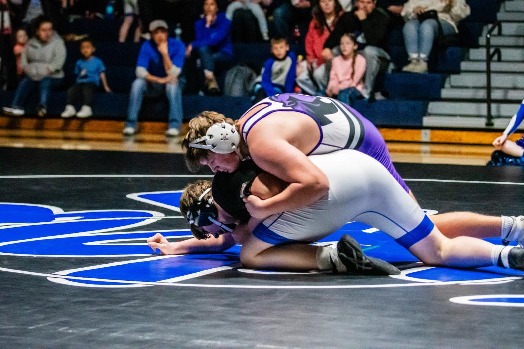 Cooper Bernard pinned Keaton Hinds of Elk Point-Jefferson on Feb. 6 in 4:45. Photo by Peterman Sports Photography • stevepeterman5@gmail.com