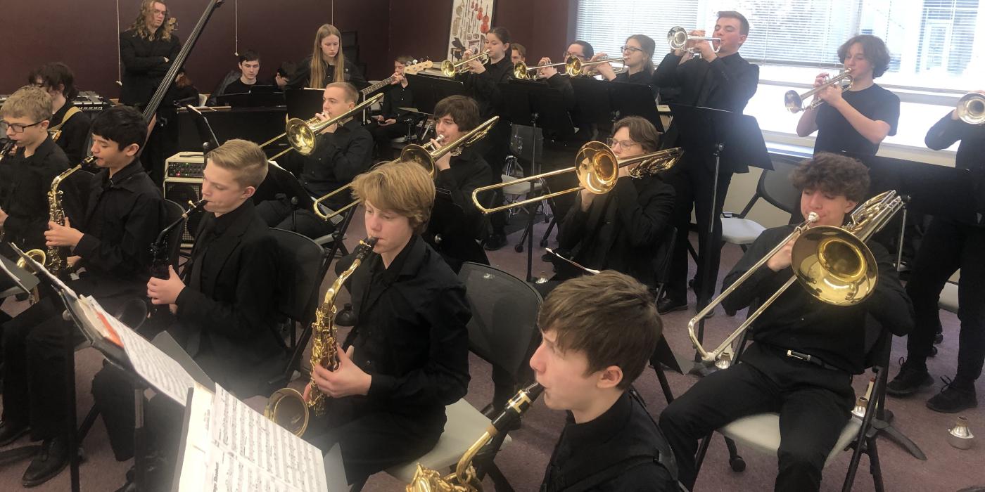The Dakota Valley High School jazz band practice in a clinic at the 51st Annual Morningside Jazz Festival on Wednesday, Feb. 7. Submitted photo