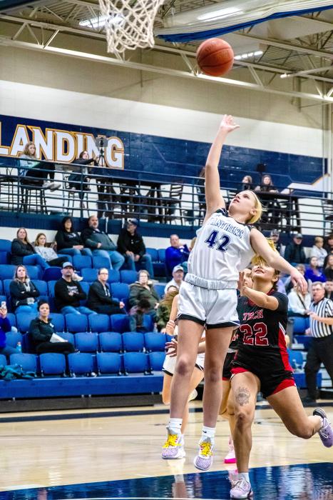 Katie Betsworth made the lay-up and the following free throw for a 3-point play against Lakota Tech in Yankton Jan. 27. Photo by Peterman Sports Photography stevepeterman5@gmail.com