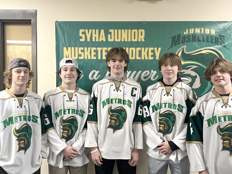 Dakota Valley athletes playing with the Sioux City Metros are, pictured from left, Jax Trosper, Blaze Bauer, Grant Harder, Zach Brannan and Noah Graham. Jack Colligan is not pictured. Submitted photo